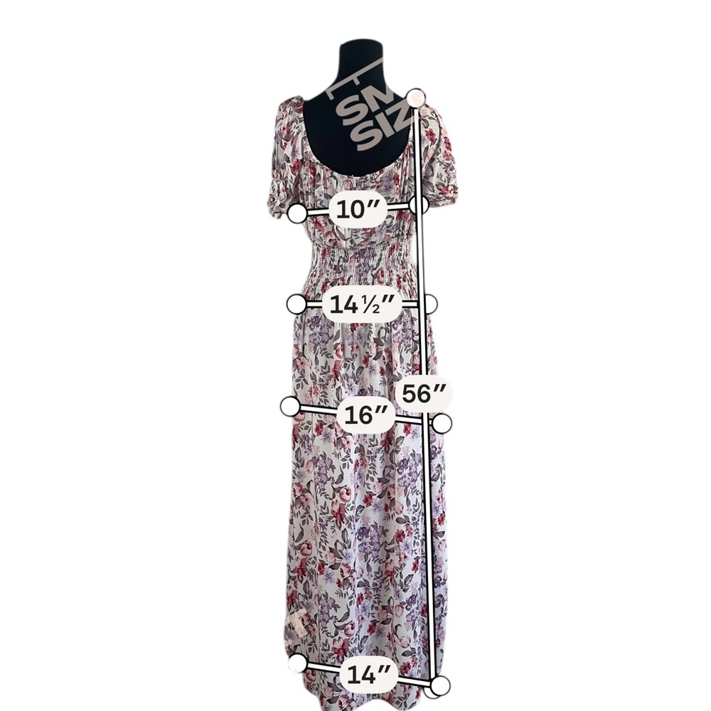 Floral Smocked Waist Maxi Dress in White with Red & Purple Flowers Prairie - Picture 4 of 15